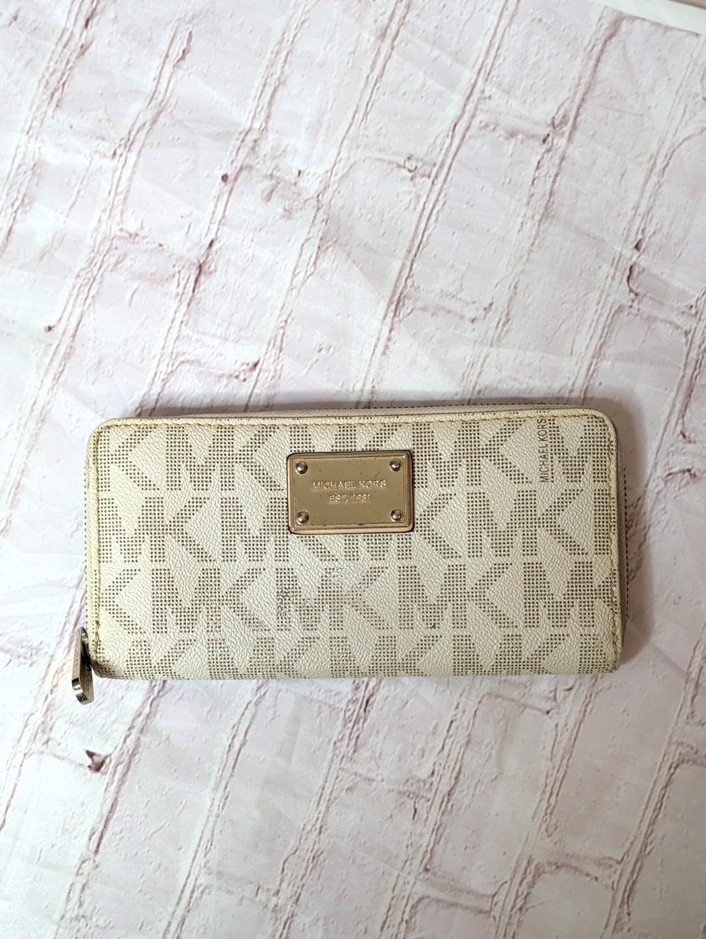 Michael Kors Beige Logo Zip-Around Wallet with Gold Plaque/Hardware